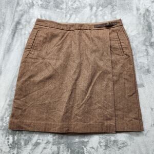 LL Bean Skirt Womens 14 Brown Herringbone Classic Fit Faux‎ Wrap Leather Buckle